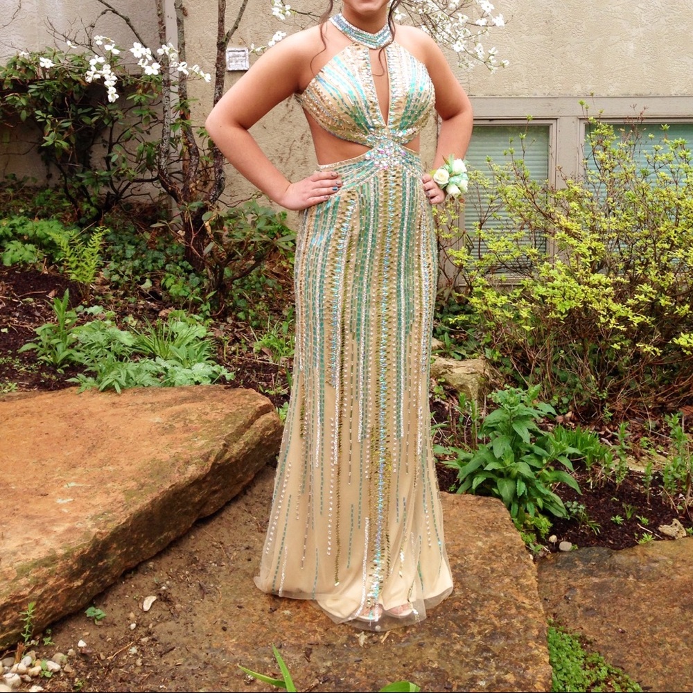 jovani champagne special occasion sequins dress